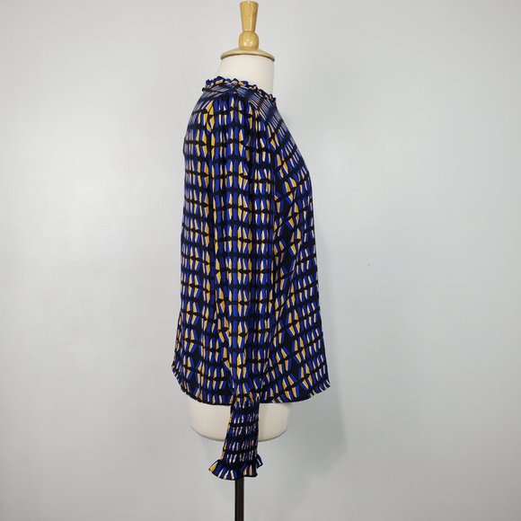 Rachel Zoe Contemporary Fit Geometric Print Ruffle Neck Top With Shirred Cuff M - Picture 6 of 11